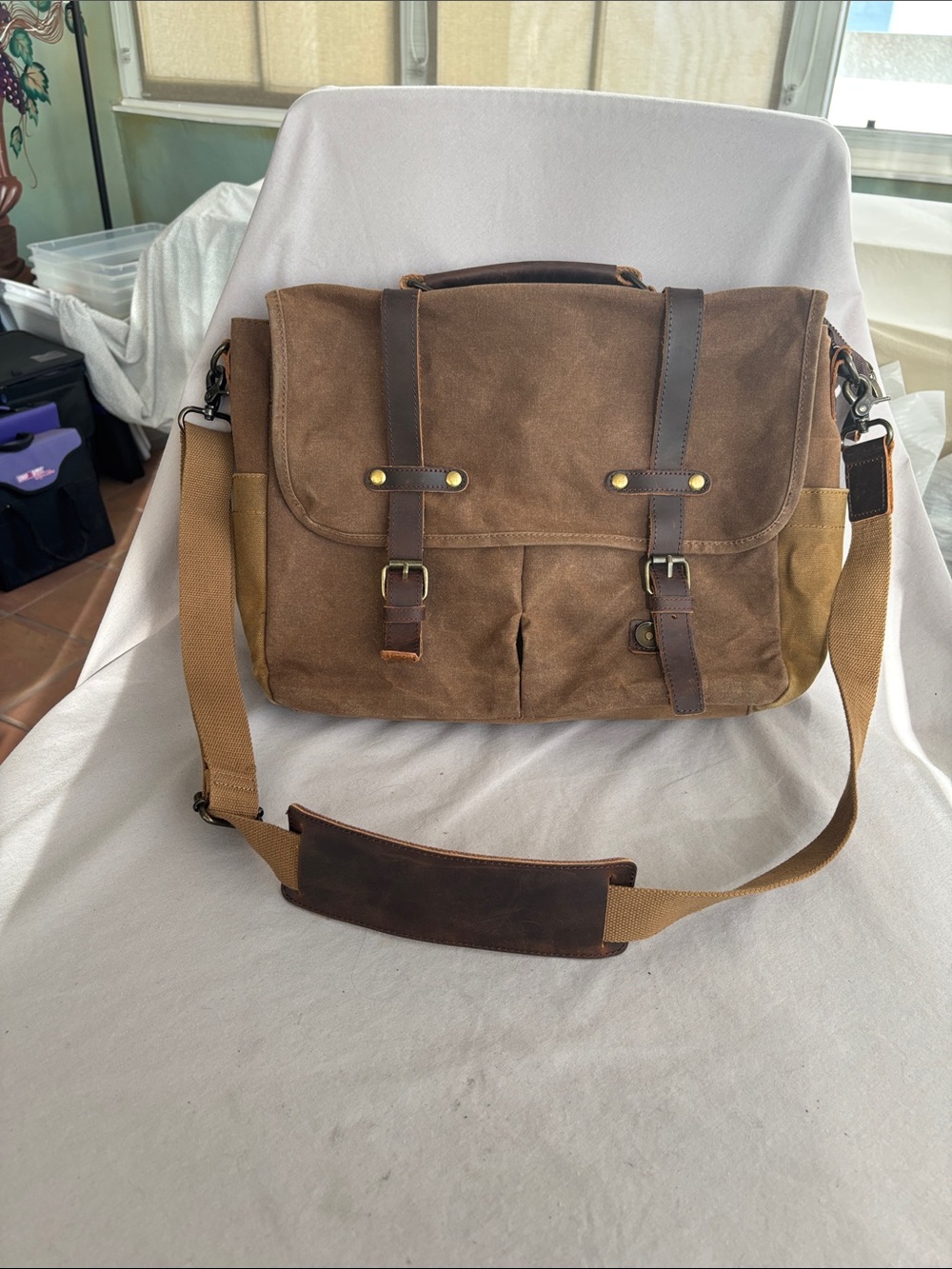 Waxed Canvas Messenger Bag for Men or Women- Brown 18x12x4